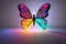 Neon butterfly on light background, glowing shining, colorful aura, background, butterfly backdrop