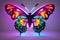 Neon butterfly on Purple background, glowing shining, colorful aura, background, butterfly backdrop