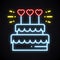 Neon cake sign with heart candles. Light sweets pie dessert. Glowing happy birthday bright symbol.