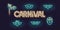 Neon carnival typography with masks icon set. Glowing isolated vector icons on brick wall background with fluorescent