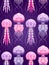 Neon cartoon pattern fluorescent jellyfish on a purple background. Underwater sea world. Ocean dwellers. Vector texture