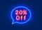 Neon chat frame 20 off text banner. Night Sign board