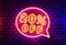 Neon chat frame 20 off text banner. Night Sign board.