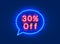 Neon chat frame 30 off text banner. Night Sign board