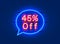 Neon chat frame 45 off text banner. Night Sign board