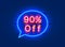 Neon chat frame 90 off text banner. Night Sign board