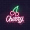 Neon cherry icon. Vector isolated neon illustration for any dark background. Fluorescent line art icon for menu, logo