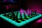 neon chessboard with pieces in place, ready for battle