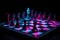 neon chessboard sitting on a black background, the neon chess pieces standing out against the dark