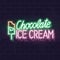 Neon chocolate ice cream typography with icons. Vector isolated neon illustration for any dark background. Fluorescent