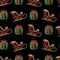 Neon Christmas seamless pattern with icons of Santas sleigh and gift boxes on black background. Cristmas, Boxing Day