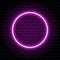 Neon circle lamp isolated on brick wall. Pink glowing circle bulb. Sparkling circle banner with place for text. Modern