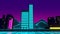 Neon city retro background 3d render. Loop animation of futuristic landscape