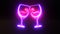 Neon clinking glasses of wine. Festive 3d render party symbol with purple and pink glow on dark surface