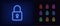 Neon closed lock icon. Glowing neon lock sign, outline padlock silhouette