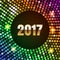 Neon club rainbow sequins disco pattern background with number 2017. Golden Happy New Year text for greeting holiday banner.