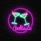 Neon cocktails bar sign on dark brick wall background. Glowing gas advertising with glasses of alcohol shake.