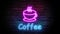 Neon coffee sign animation on brick wall background. Cup coffee sign seamless looping.