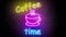 Neon coffee time sign animation on brick wall background. Cup coffee sign seamless looping.
