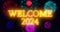 Neon color Goodbye 2023 Welcome 2024 text illustration with neon colorful fireworks in high-resolution.