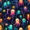 Neon colorful bright bacterial squid glow in the dark repeating pattern on black background