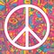 Neon colors. Pacific symbol - hippie 60s festival poster. Psychedelic bright illustration. Vector design. Retro poster.Colorful