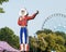 Neon creation of Big Tex, world`s tallest cowboy, at the first drive through State Fair of Texas event in Dallas, Texas.