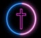 Neon crucfix, religion concept. Inside swirling round, sign of Christianity