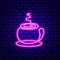 Neon cup with steaming latte on brick wall background