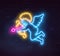 Neon Cupid on dark background. Vector illustration