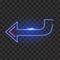 Neon curve arrow template isolated. Bright blue signpost with soft glow and advertising lights electric symbol.