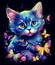 Neon Cute Kitten with Flowers Art on Black