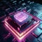 Neon cyberspace background , cpu and motherboard background .