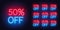 Neon discount template. Bright discount light signs on a dark background.