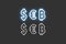 Neon dollar, euro and bitcoin symbol, lunimous font mock up