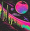 Neon-drenched retrofuturistic cityscape with a large pink planet and spaceships. AI generated