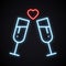 Neon drink in two glasses. Bright toast sign. Cocktails, binge, champagne, wine, theme. Light glowing alcohol symbol.