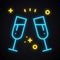 Neon drink in two glasses. Bright toast sign. Cocktails, binge, champagne, wine, theme. Light glowing alcohol symbol.