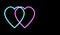 Neon effect of 2 hearts overlapping on a black background.