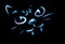Neon effect, glowing blue cat isolated on black background. Bright luminescent fluorescent paint. Sketch