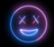 Neon emoji face, smiling sign. Web character with neon, glowing light. Isolated smiley face
