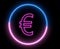 Neon EURO money symbol. Inside swirling neon round, Euro sign