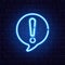 Neon exclamation mark. Glowing quiz banner. Color neon banner on brick wall. Realistic bright night signboard. Exclamation mark