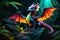 Neon Fantasy: Baby Dragon Perched Atop a Craggy Boulder with Unfurled Wings, Illuminating the Surroundings