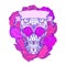 Neon festive sugar skull illustration with doodle patterns, roses and ribbon. The day of the Dead. Los Muertos.