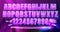 Neon font color purple, glowing letter retro font, futuristic alphabet. Vector