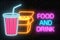 Neon food and drink glowing signboard on a dark brick wall