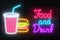 Neon food and drink glowing signboard on a dark brick wall background. Plastic cup of beverage and burger signs.