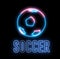 Neon football ball and text `Soccer`. Shiny glowing letter of team sport