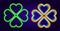 neon four-leaf clover, green and rainbow outline. a set of neon clover signs, top view glows brightly in the dark on a